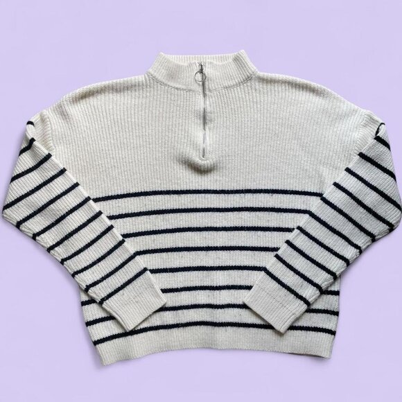White and Black Striped Quarter Zip Sweater - Picture 1 of 5